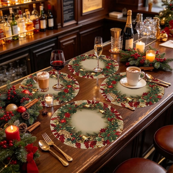 4pcs Christmas Linen Placemats Winter Holiday Table Decoration Reusable Waterproof Wipeable Dining Table Mats for Party Supplies Home Restaurant Gatherings