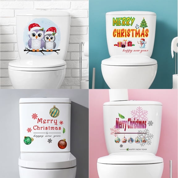 4pcs Christmas Ornaments Toilet Cover Sticker Decals, Bird Flower Leaf Waterproof Toilet Lid Tank Seat Decals Cistern Self-Adhesive Bathroom Wall Sticker