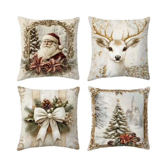 4pcs Christmas Pillow Covers – 18x18in Linen Cushion Covers with Hidden Zipper for Sofa, Couch, or Bed – Tufted Holiday Decorative Throw Pillowcases
