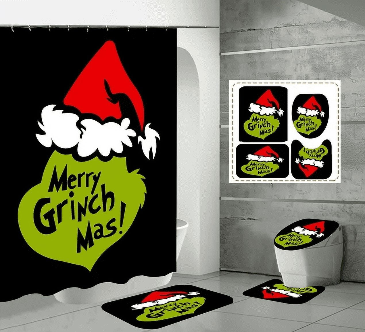 4pcs Christmas Shower Curtain Set How The Grinch Stole Christmas Shower