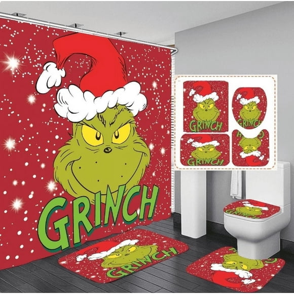 4pcs Christmas Shower Curtain Set How The Grinch Stole Christmas Shower Curtain with 12 Hooks Bathroom Set, Holiday Home Decor (72x72 Inch)