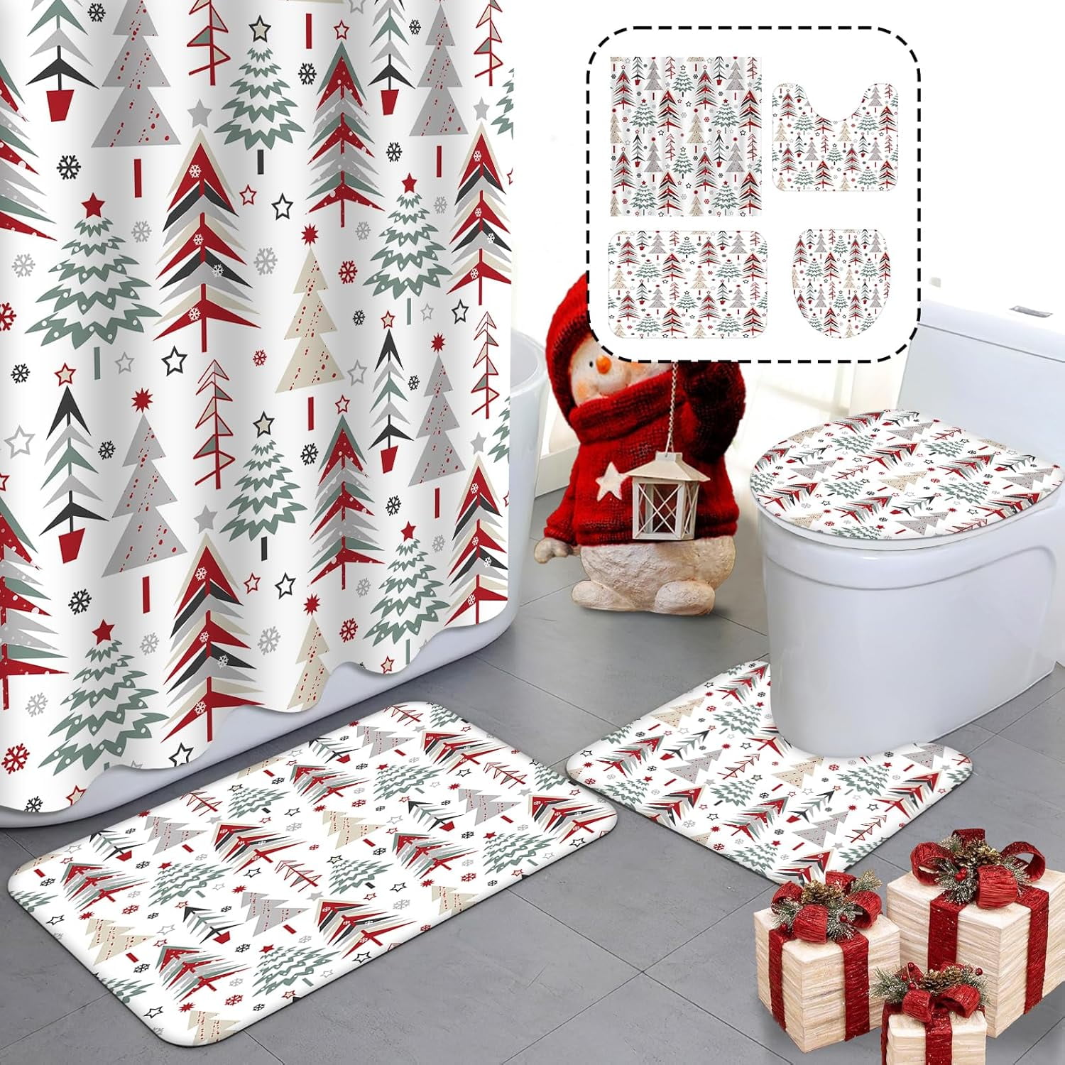 4pcs Christmas Shower Curtain Sets with NonSlip Rugs Toilet Lid Cover
