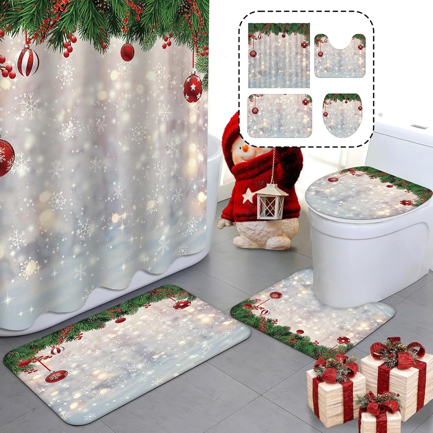 4pcs Christmas Shower Curtain Sets with NonSlip Rugs Toilet Lid Cover