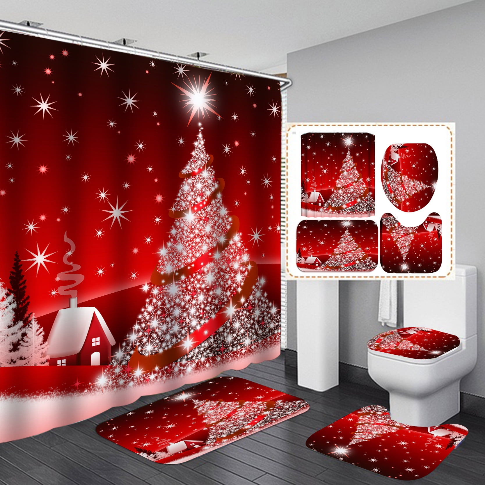 4pcs Christmas Shower Curtain Sets with 12 Hooks Colorful Christmas
