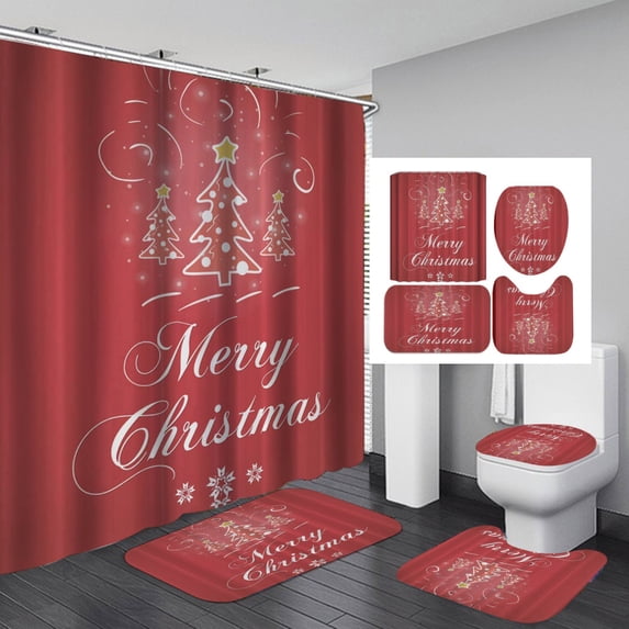 4pcs Christmas Shower Curtains Set for Bathroom, Christmas Winter Holiday Shower Curtain Waterproof Christmas Bathroom Decor Set with Hooks
