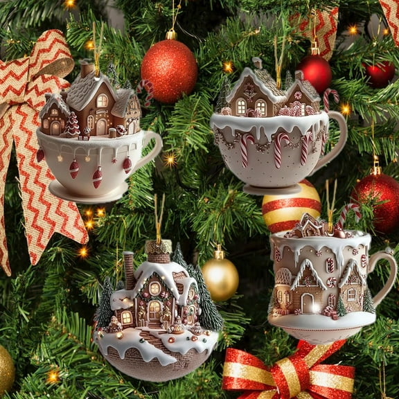 4pcs Christmas Snow House Christmas Ornaments,Coffee Cup Ornaments for Christmas Tree,Tea Cup Christmas Ornaments,Gingerbread House Christmas Ornaments Decorations for Holiday Xmas Tree Home Decor