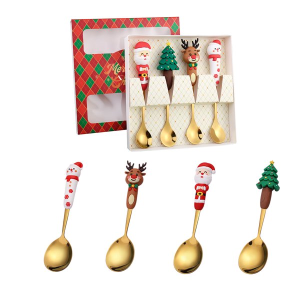 4pcs Christmas Spoon Set - Stainless Steel Coffee Spoons with Creative Xmas Tree, Santa Snowman, Elk Designs for Dinner Tableware, Dessert, Tea, Soup Stirring