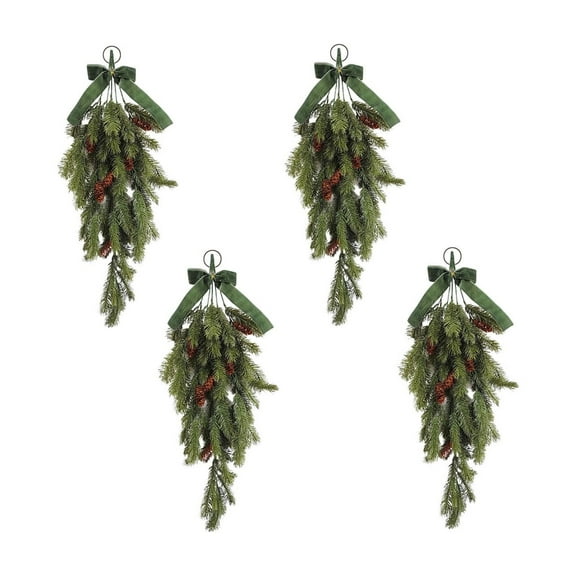 4pcs Christmas Teardrop Swag Garland, Artificial Greenery with Velvet Bow and Cones, Realistic Winter Hanging Decoration for Door, Wall, Fireplace, Stair, Table Centerpiece and Holiday Party