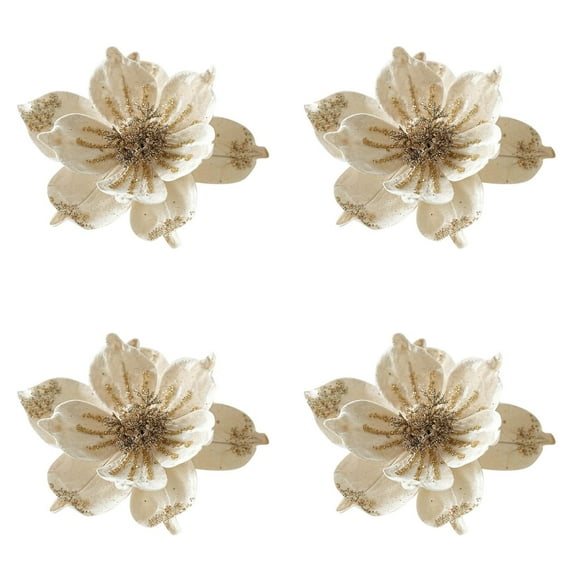 4pcs Christmas Tree Decorations Artificial Magnolia Flowers, Glitter and Velvet Ornaments Picks for Xmas Tree Wreath Garland, Fabric Floral Decor for New Year Wedding Party Holiday Home Decor