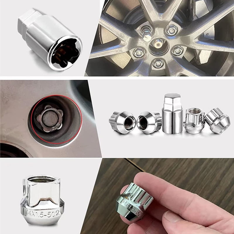 4pcs Chrome M14x1.5 Anti-theft Lug Nuts Wheel Wrench Kit For Tesla 