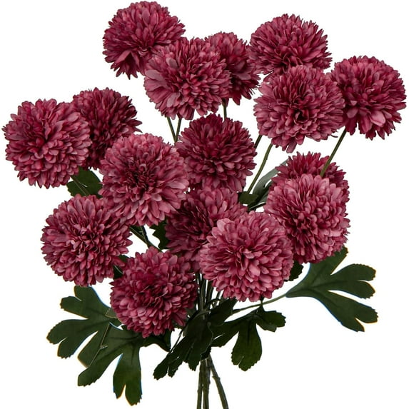 4pcs Chrysanthemum Flowers Silk Mum Ball Fake Flowers Artificial Flower Branch Faux Flower Arrangement for Home office Kitchen Table Rustic Decor-Crimson Flower Artificial