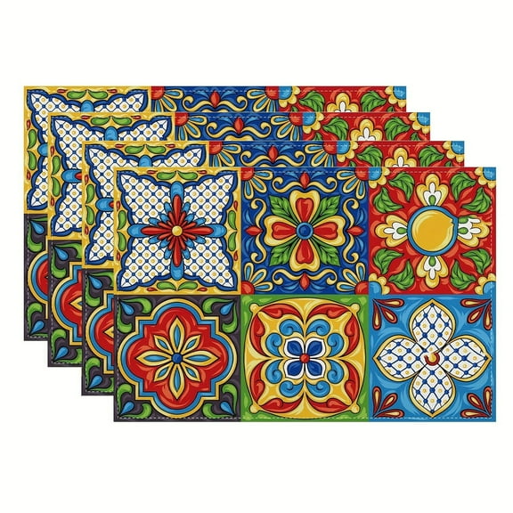 4pcs Cinco de Mayo Mexican Ceramic Ethnic Placemats Table Mats Durable Washable Rustic Linen Vintage Placemats for Home Dinner Party Camping Wedding Table Decoration 12 x 18 inches
