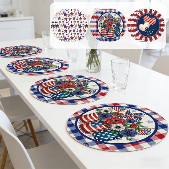 4pcs Circular Independence Day Polyester Placemats, Washable Heat Resistant Red White Blue Star Printed Non-Slip Table Mats, for July 4th Home Dining Kitchen Holiday Party Decorations, F