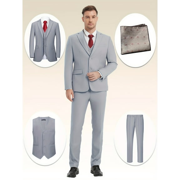 4pcs Classic Business Suit - High Quality, Comfortable Fit, Fashionable Lapel, Including Blazer, Vest, Pants, Pocket Square, Suitable for Weddings, Parties, Formal Events, Business Meetings