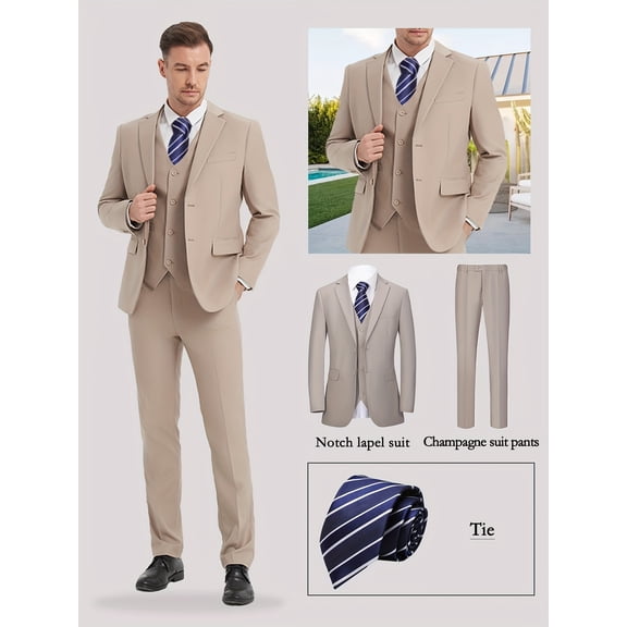 4pcs Classic Business Suit - High Quality, Comfortable Fit, Stylish Lapel, Including Blazer, Vest, Pants, Blue Striped Tie, Suitable for Weddings, Parties, Formal Events, Business Meetings