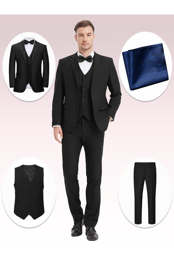 4pcs Classic Business Suit - High Quality, Fashionable Lapel, Including Blazer, Vest, Pants, Pocket Square, Suitable For Weddings, Parties, Formal Events, Business Meetings, And Special Occasions