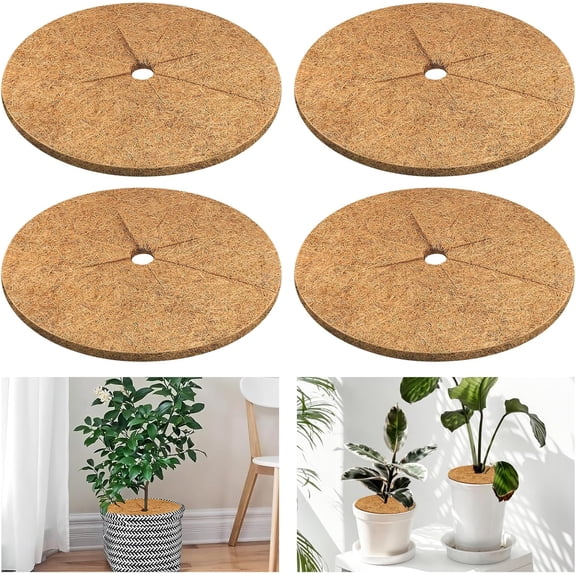 4pcs Coconut Fiber Mulch Ring Tree Plant Protector Mat, 11.8 Inch Natural Coco Coir Tree Mulch Ring Plant Pot Soil Cover, Tree Rings Disc Plant Cover for Indoor Outdoor Plants, Landscaping
