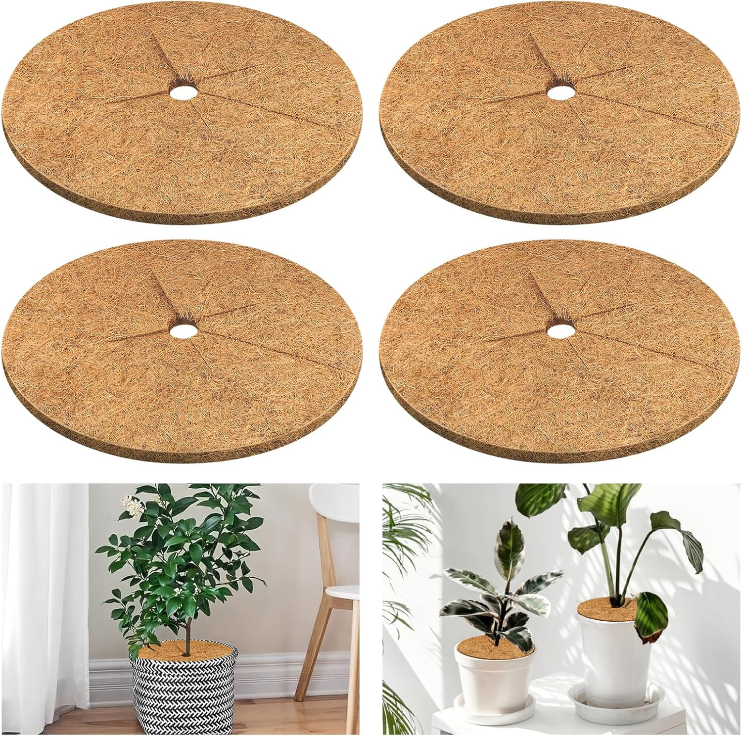 4pcs Coconut Fiber Mulch Ring Tree Plant Protector Mat, 14 Inch Natural Coco Coir Tree Mulch Ring Plant Pot Soil Covers, Tree Rings Disc Plant Cover for Indoor Outdoor Plants
