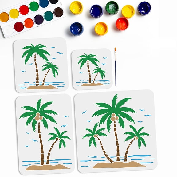 4pcs Coconut Tree Stencil 6~11.8inch 4 Sizes Palm Trees Stencil with Paint Brush Sea Beach Scenery Seaull Stencil Summer Theme