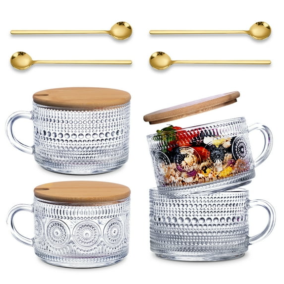 4pcs Coffee Cups,Vintage Coffee Mugs,Overnight Oats Containers with Lids and Spoons,14oz Coffee Glasses, Drinkware Set for Iced Coffee,Yogurt,Milk,Tea,Coffee Bar Accessories,Clear