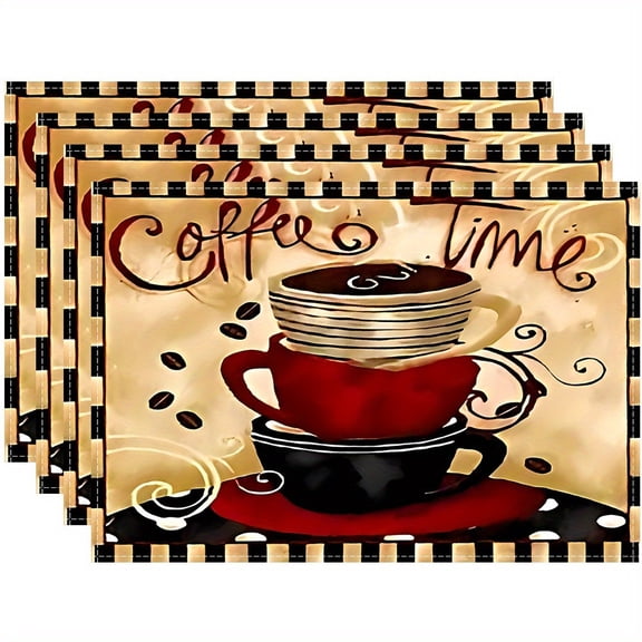 4pcs Coffee-Themed Table Mats - "Coffee Time" Red Mug & Stacked Cups Design, Rectangular Kitchen Dining Table Protectors Suitable for Home & Cafe Decor, Farmhouse Style, Coffee Shop Essentials