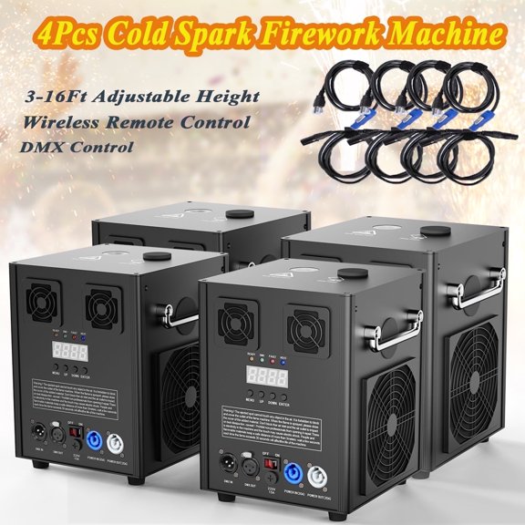 4pcs Cold Spark Firework Machine 3.2-16ft Adjustable Stage Effect Machine Smart DMX Low Noise DJ Equipment Machine for Wedding Christmas Party Musical Show
