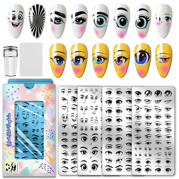 4pcs Comic Eyes Nail Stamping Plates Cartoon Eyes Nails Art Stencils Facial Expression Nails Image Plate Lovely Anime Eye Nails Art Templates DIY