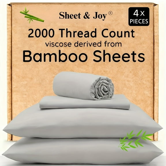 4pcs Cooling Bamboo Bed Sheet Set - 2000 TC 16" Extra Deep Pocket, Luxury Soft Hotel Sheets for Hot Sleepers, Wrinkle/Shrink Resistant - Fitted/Flat Sheet + Pillowcases (Twin/Full/Queen/King)