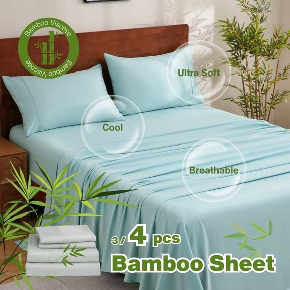 4pcs Cooling Bamboo Bed Sheet Set Green King Size, 2000 TC Extra Deep Pocket 16 Inch Bed Sheet, Luxury Soft Hotel And Cooling Sheet Set