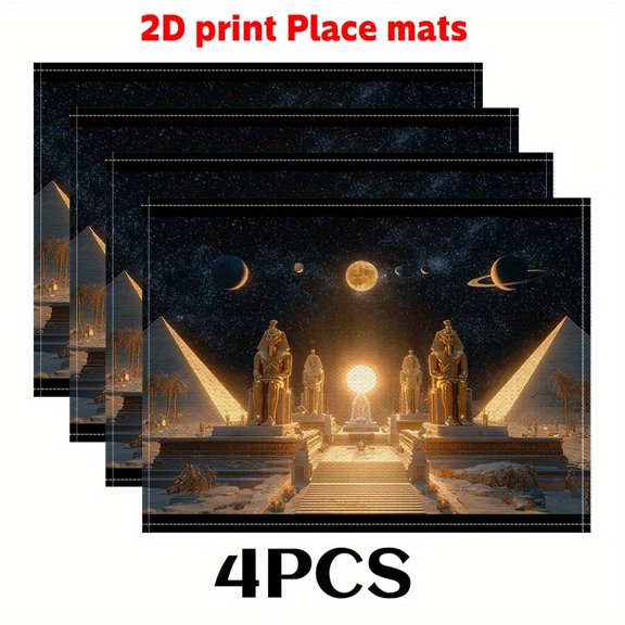 4pcs Cosmic Ancient Egypt, Table mats (2D print)Pyramids and statues under the starry sky. 12X18in-Trendy Table Accent for Soft and Durable DINING PAD, Kitchen Use, Holiday Dining Decor