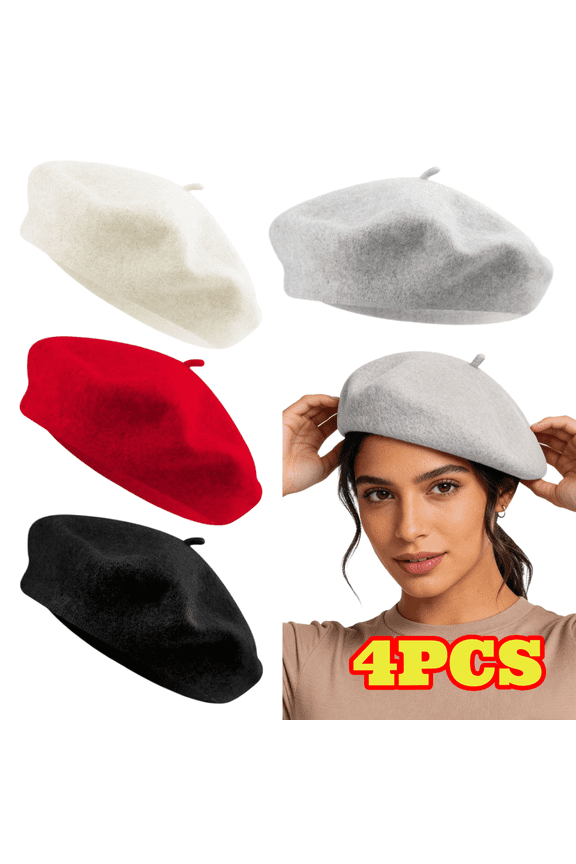 4pcs Cotton Beret Hats for Women, French Style Beret Beanie Cap Solid Color Winter Hat