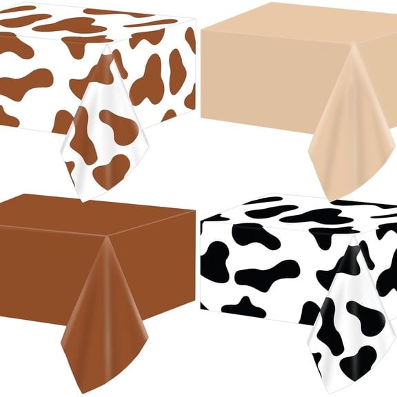 4pcs Cowboy Party Decorations Western Tablecolth Cow Print Wild West Supplies Brown Rodeo Cowgirl Plastic Table Cover Disposable for Birthday Bachelorette Boys Kids Baby Shower Favor