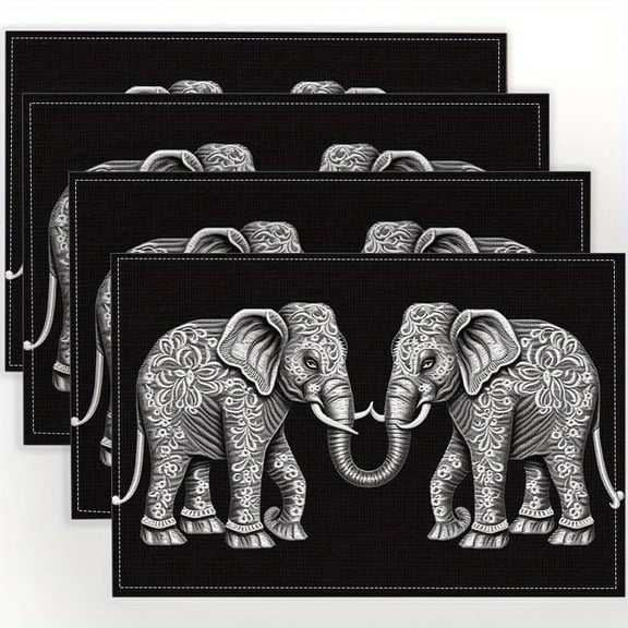4pcs Creative and Elephant Element Printed Linen Placemats Make Your Restaurant Kitchen More Beautiful, Very Suitable for Coffee Table, Dining Table and Home Decoration
