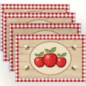 4pcs Creative Red Apple Bee Plaid Pattern Printed Linen Placemats,for Dining Table, Kitchen, Party, Indoor, Holiday, Dinner Parties And Home Decor (Table Mats) 12X18 Inch