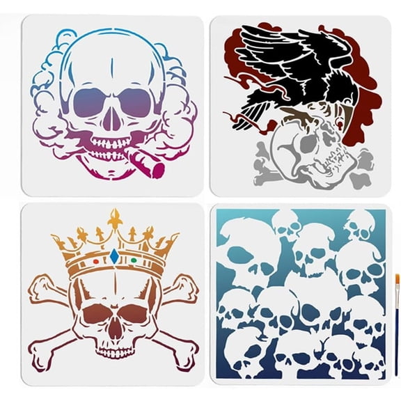 4pcs Crow Stencils 11.811.8inch Raven King Crossbones Painting Stencil with Paint Brush Smoking Template for Wood Fabric Rock Art Craft White