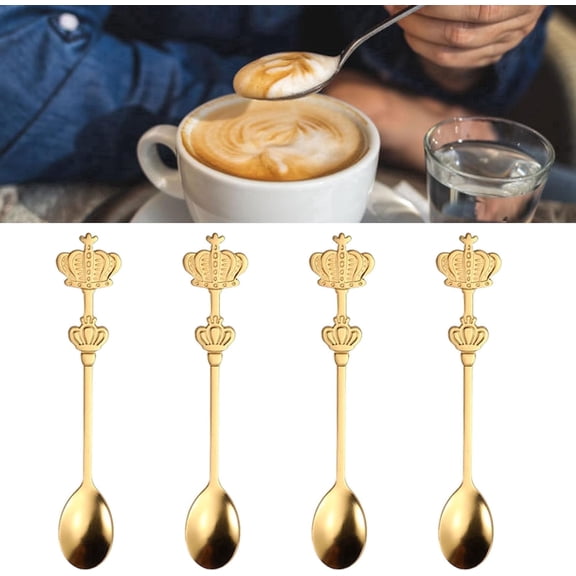 4pcs Crown Spoon, Creative Golden Teaspoon Stainless Steel Coffee Stirring Double Crown Coffee Cake Spoon Decorated Tea Spoons for Cake Tea Ice Cream Party Favors Guests Bulk