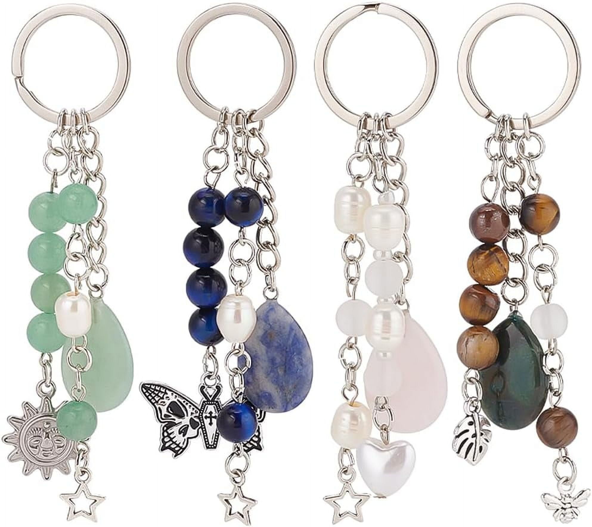 Netted Crystal Key Rings 4pcs Crystal Beaded Keyrings Natural Gemstone Keychain with Imitation ...