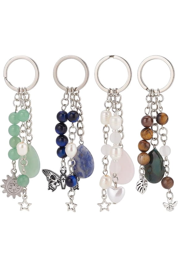 4pcs Crystal Beaded Keyrings Natural Gemstone Keychain with Imitation Pearl Beads Alloy Charms Backpack Hanging Accessories for Women Couple Purse Decoration Party Favors Car Keys