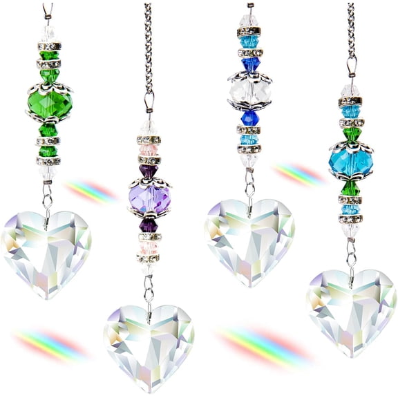 4pcs Crystal Suncatcher, Clear Heart Crystal Sun Catcher Hanging Rainbow Prisms Ball with Chain for Indoor Window Chandelier Garden Home Wedding Christmas Valentines Day Decor (Heart Shape)