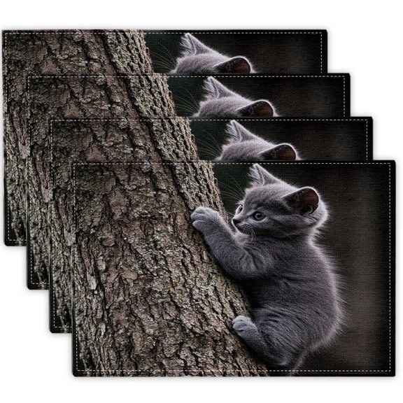 4pcs Custom Photo Tablecloths | 30X45 cm/12X18 inch, Blue-Eyed Kitten Pattern, Linen Square Personalized Tablecloths, Single-Sided Printing, Ideal for Holiday Parties and Kitchen Table Settings