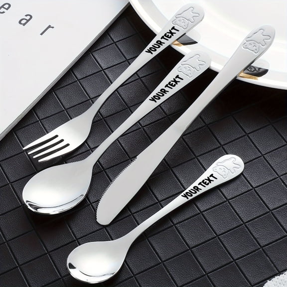 4pcs Customizable Name Flatware Set - 304 Stainless Steel with Cute Bear Design, Personalized Text Knife, Fork, Spoon & Teaspoon