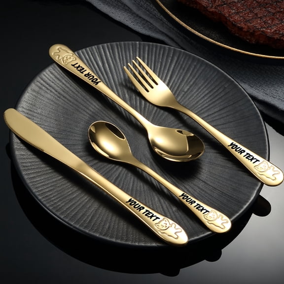 4pcs Customizable Name Flatware Set - 304 Stainless Steel with Cute Bear Design, Personalized Text Knife, Fork, Spoon & Teaspoon