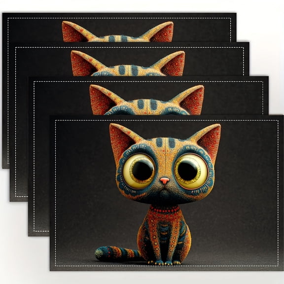 4pcs Cute Big-Eyed Abstract Cat Placemats - Adorable Kitten Table Mats Suitable for Dining Table, Kitchen, Party, Holiday Dinner Parties & Home Decor - 12x18 Inch Table Protectors (Hand Wash Only)