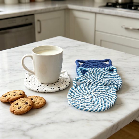 4pcs Cute Cat Shaped Hand Woven Cotton Rope Round Placemats, Anti-Scald Table Protectors for Daily Mug Placement, Farmhouse Kitchen Countertops and Rustic Home Indoor Tabletop Decor, Blue