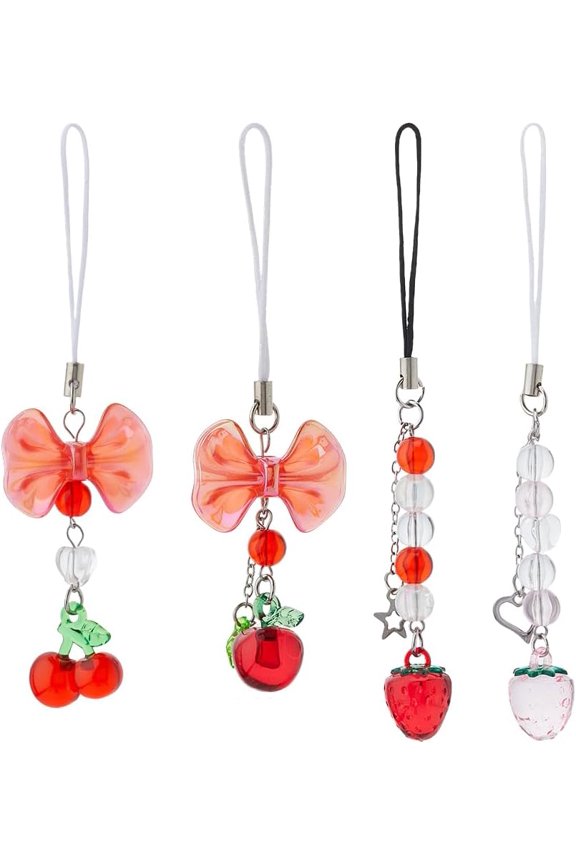 4pcs Cute Cell Phone Charms 4 Styles Acrylic Beads Mobile Straps With Nylon Rope Strawberry Cherry Phone Straps Charms Accessories for Phone Bag Keychain Camera Pendants Decor