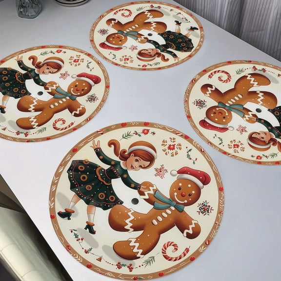 4pcs Cute Gingerbread Man Dancing Christmas Round Placemats, Xmas Winter Seasonal Non-Slip Washable Heat Resistant Table Mats Place Mats 15" for Party Kitchen Dining Xmas Decoration