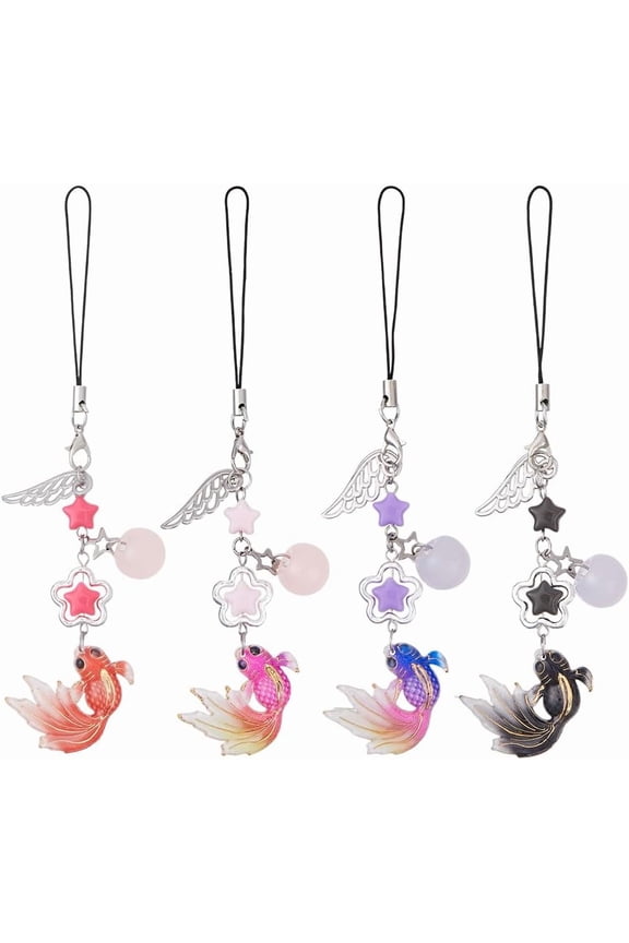 4pcs Cute Phone Charms 4 Styles Fish Beads Mobile Straps With Nylon Rope Koi Fish Phone Straps Charms Accessories