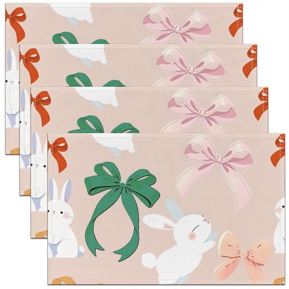 4pcs Cute Rabbit Placemats Table - Kawaii Pastel Pink & Beige Bowknot Princess Style, 12x18 Inch Washable Table Mats with Bunny Bow Decor,Spring Dining Table Setting