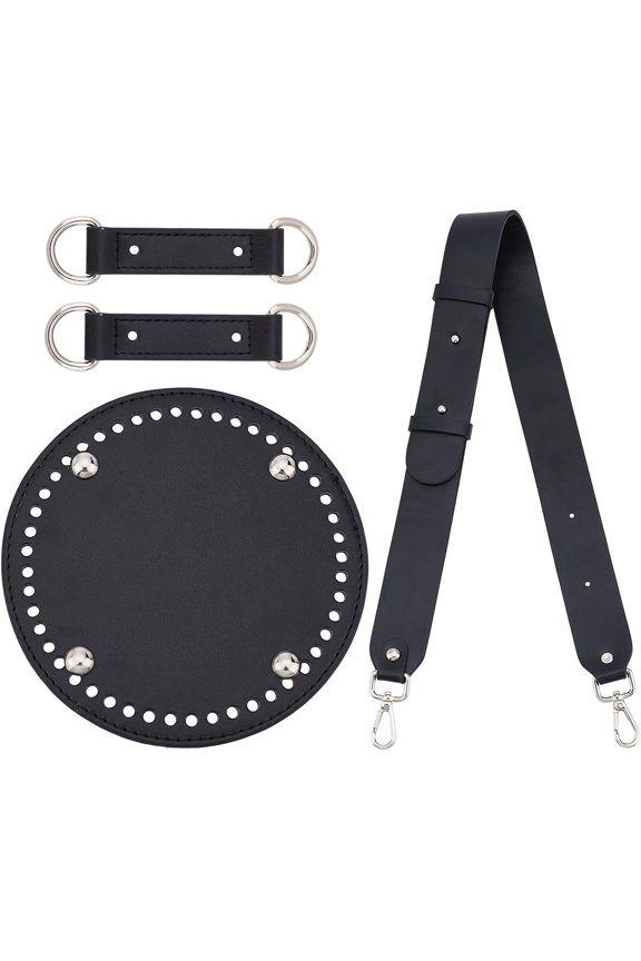 4pcs DIY Bucket Bag Making Materials Set PU Leather Shoulder Bag Making Kit Black Handmade Knitting Crochet Bag Accessories Including Bag Bottom Adjustable Strap Hanging Ring