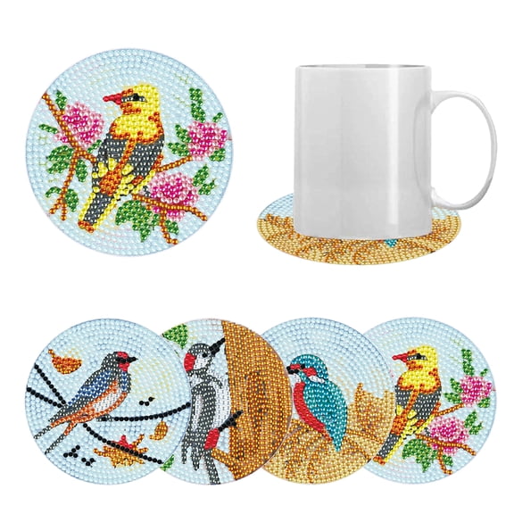 4pcs DIY Diamond Painting Coaster Kit with Bird Design and Stand, Perfect for Home Decor and Gift Giving
